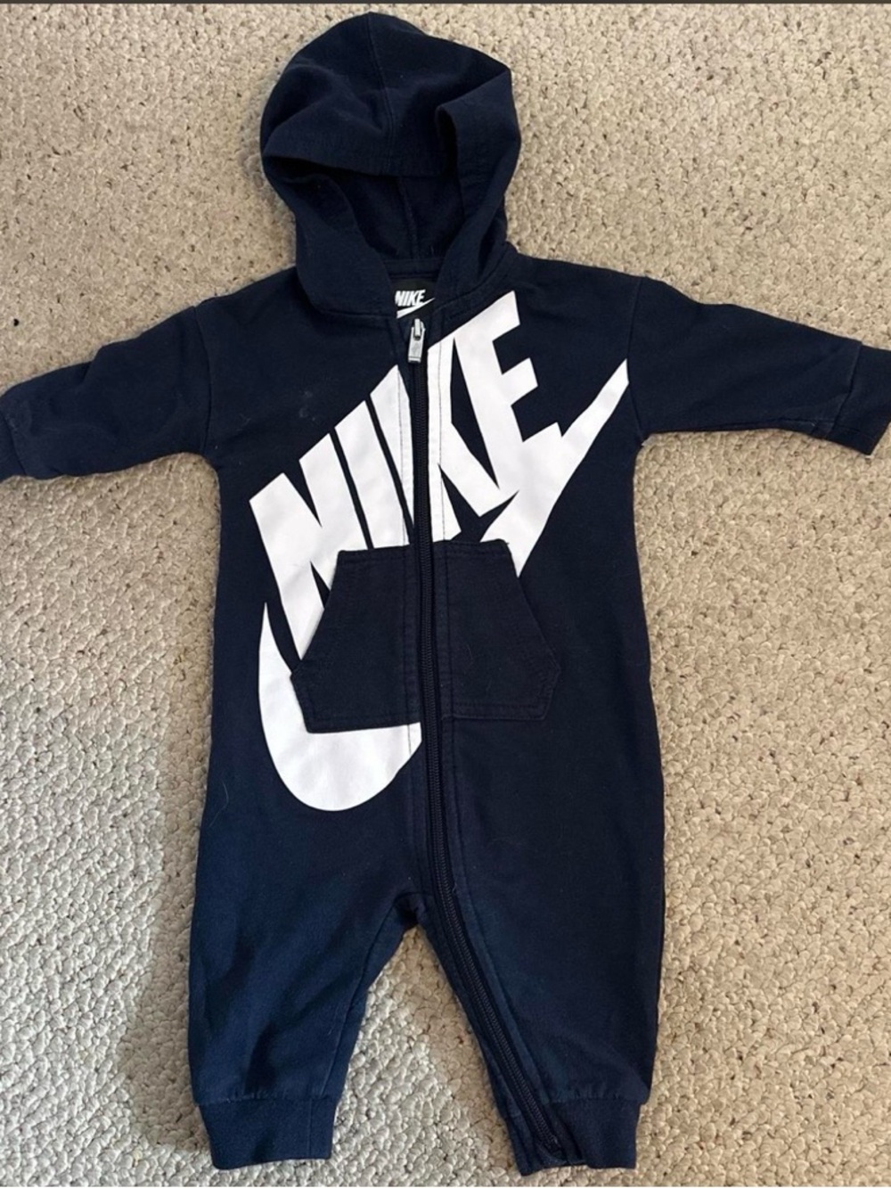 Nike Navy and White Logo Hooded Baby One-Piece